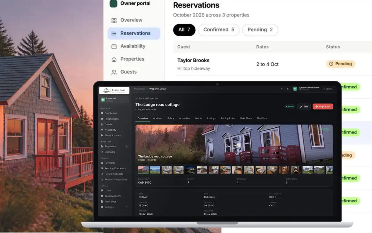 Owner portal reservations screen of the cottage booking platform, with a list of stays and their status