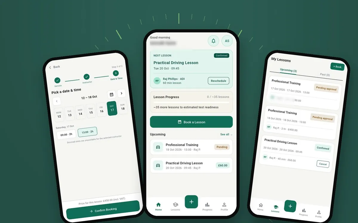 Learner and instructor apps of the driving school booking platform on a green background