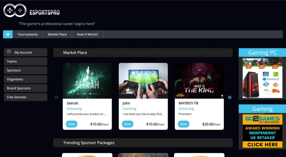 EsportsPro marketplace with gaming products and sponsor packages