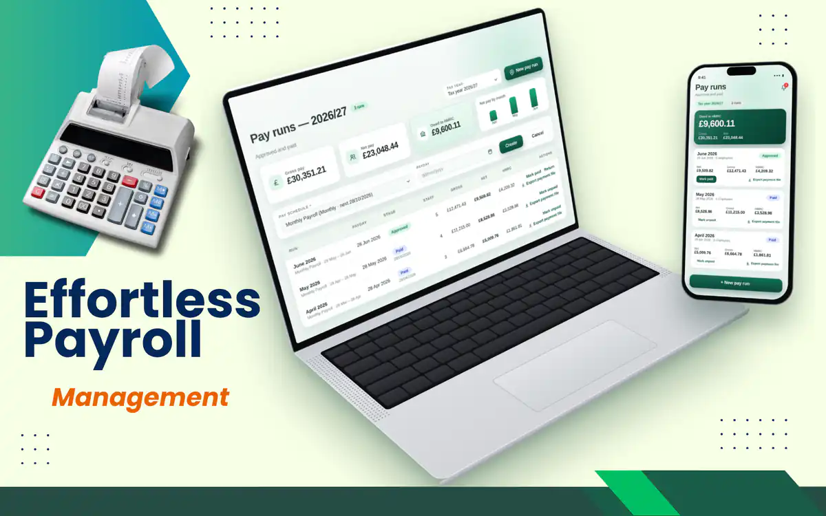 UK payroll platform with the pay runs, pension and HMRC liability screens on a navy background